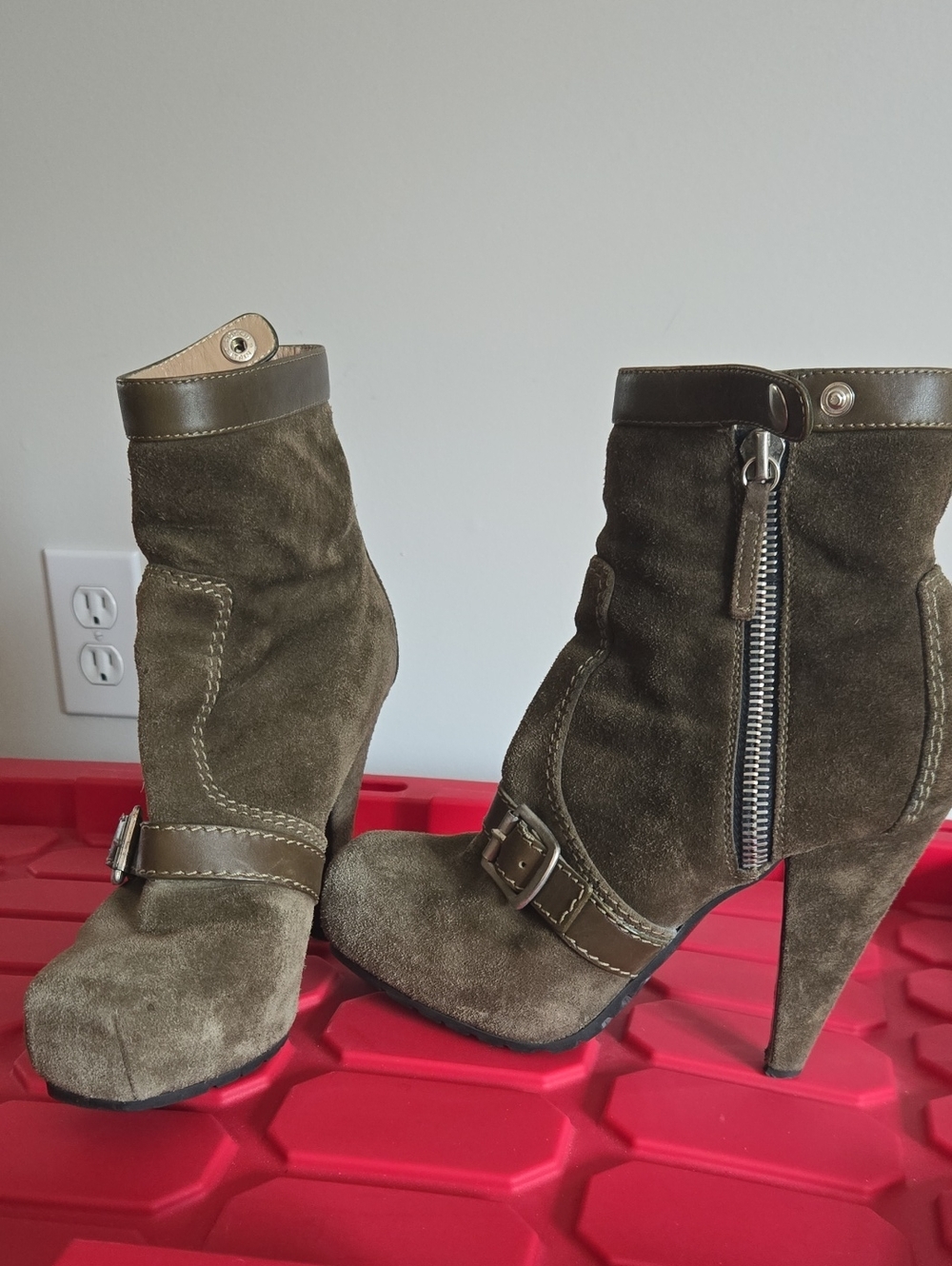 Proenza Schouler Olive Suede High Heel Ankle Boots with Buckle & Side Zipper